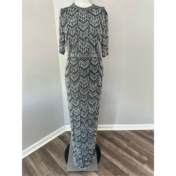 NWT MAC DUGGAL BEADED FRINGE QUARTER SLEEVE COLUMN GOWN $1198 - Picture 5 of 10